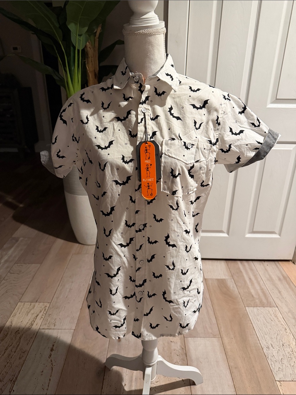 Free Planet White Short-Sleeve Button-Up Shirt with Black Bat Print